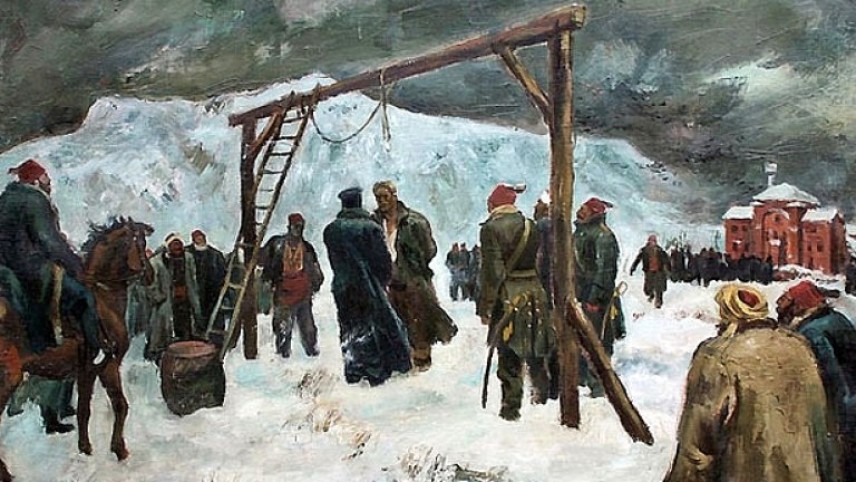 "Обесването на Васил Левски" - художник Борис Ангелушев. Картината е в Музея на Левски в Карлово.